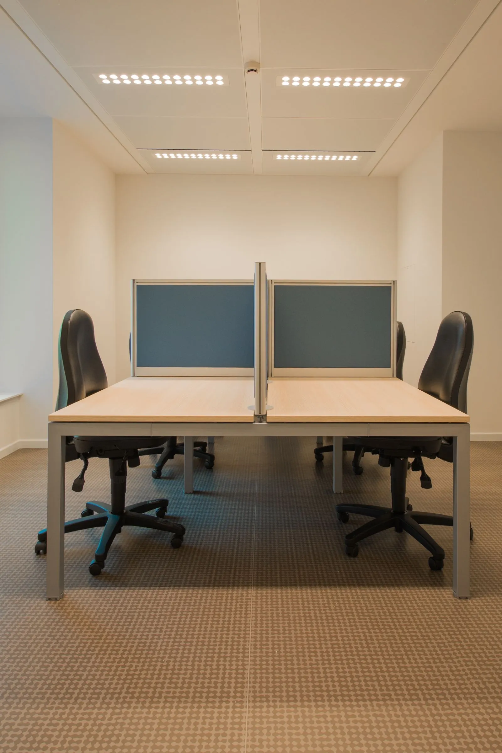 Two office chairs beside a shared desk with privacy screens